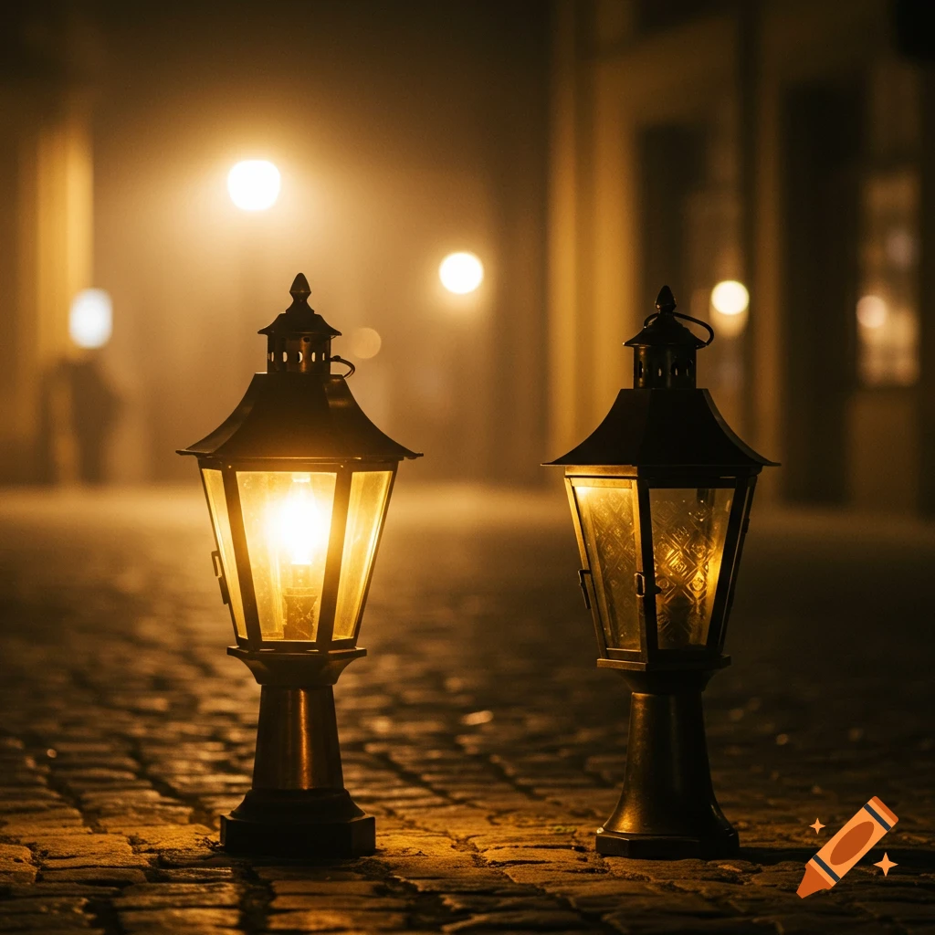 Two antique street lanterns illuminating a cobblestone path at night.