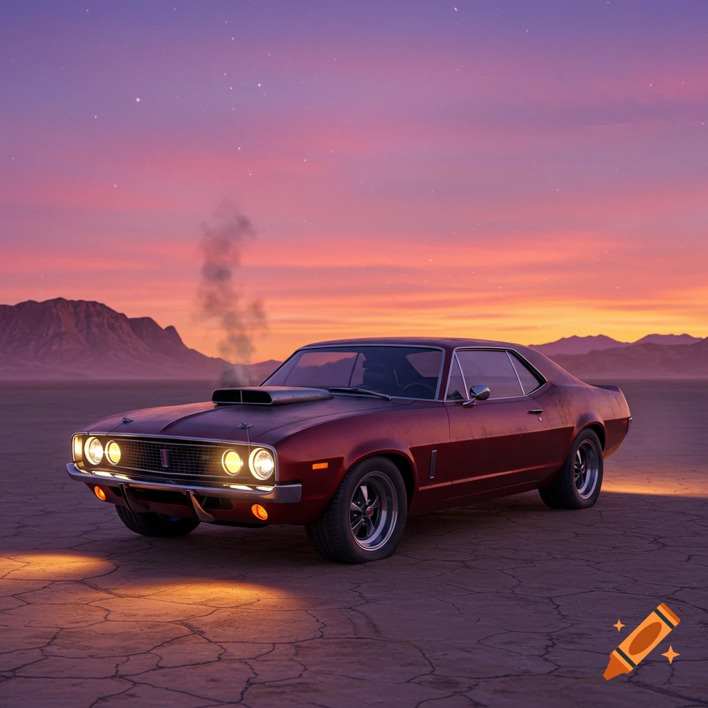 A red vintage muscle car is parked in a cracked desert landscape under a colorful sunset sky, digital art.