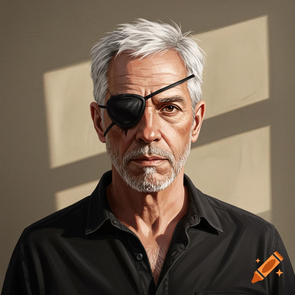 A mature man with white hair and a black eye patch.