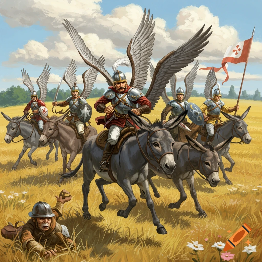 Winged soldiers riding donkeys charging through a field