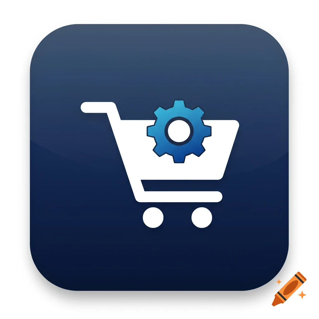 Icon of a white shopping cart with a blue gear on a dark blue background.