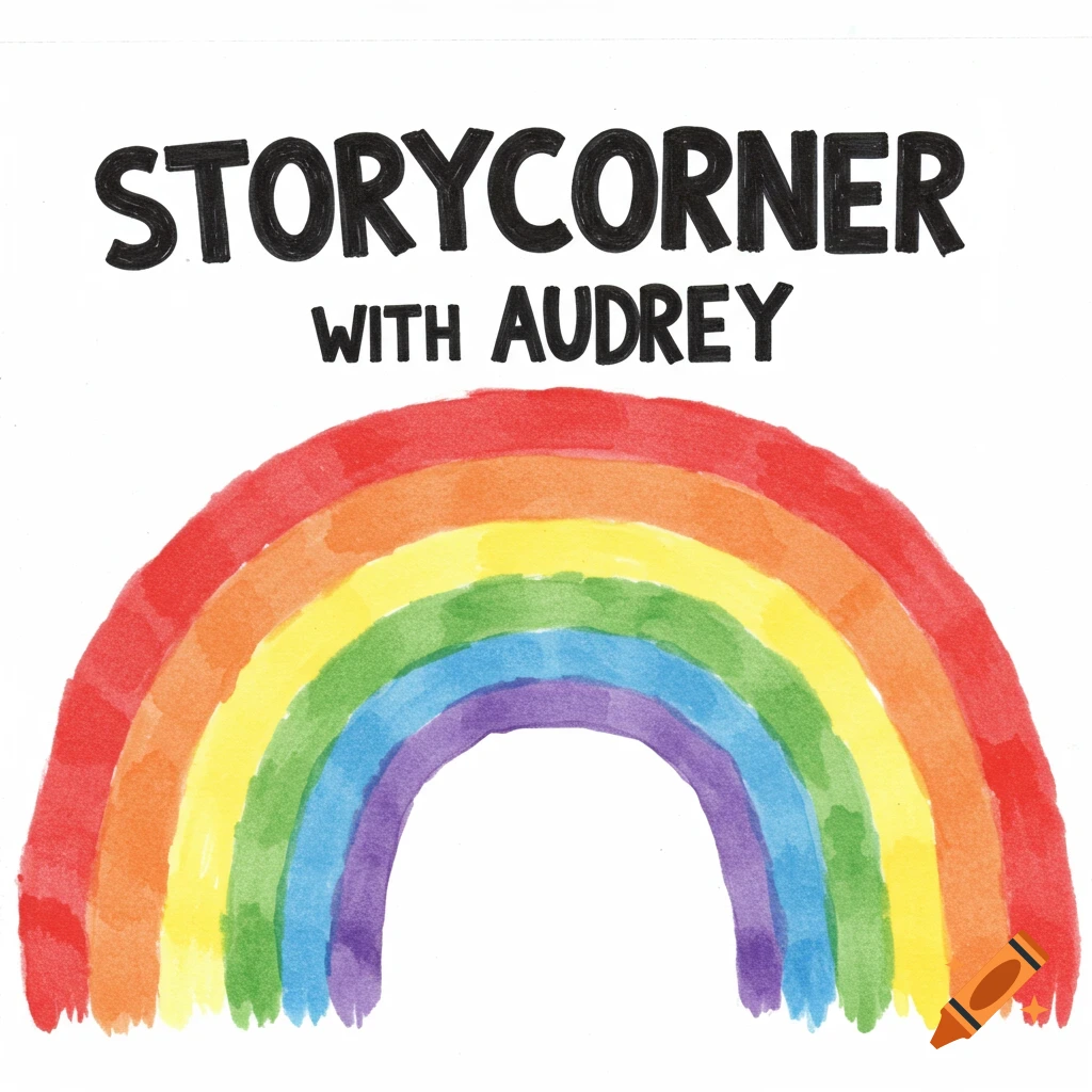 Watercolor drawing of a rainbow with black text above it reading "STORYCORNER WITH AUDREY".