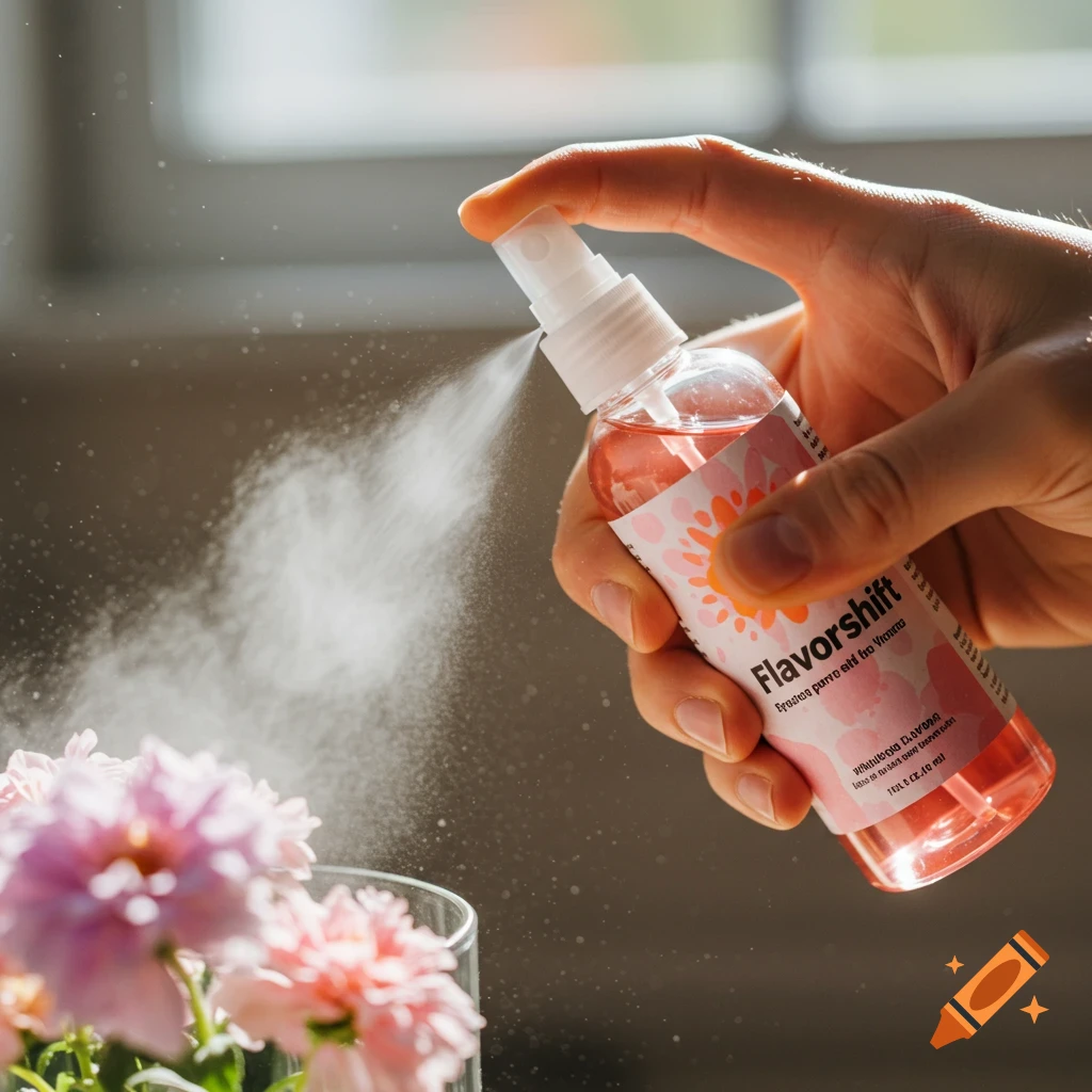 A hand sprays a clear pink bottle labeled "Flavorshift" onto pink flowers.