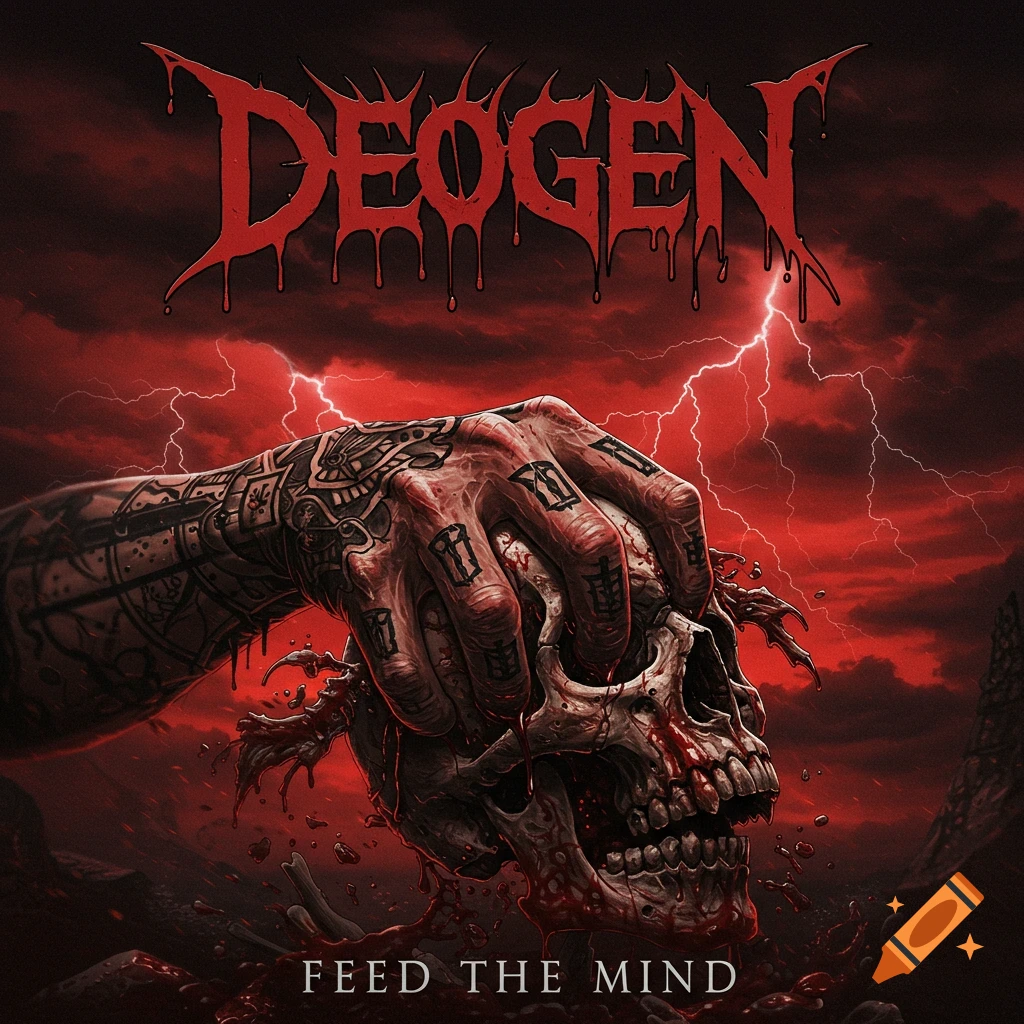 Album cover art with a hand tearing a bloody skull against a dark, stormy red sky with lightning. Text reads 'DEOGEN' and 'FEED THE MIND'.