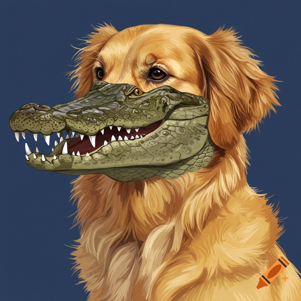 A golden retriever dog with an alligator head against a blue background.