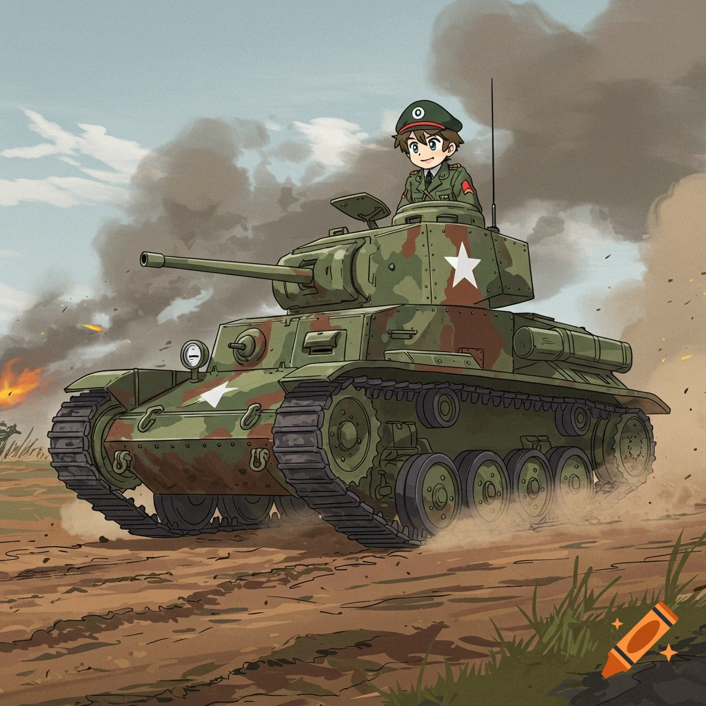 Anime style illustration of a character driving a camouflage tank through a dusty battlefield.