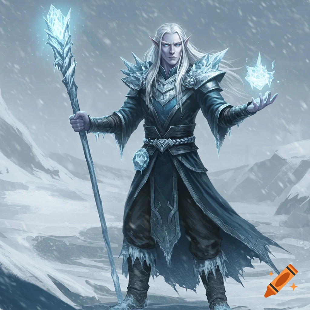 Fantasy art of a male high elf ice wizard holding a staff in a snowy landscape.
