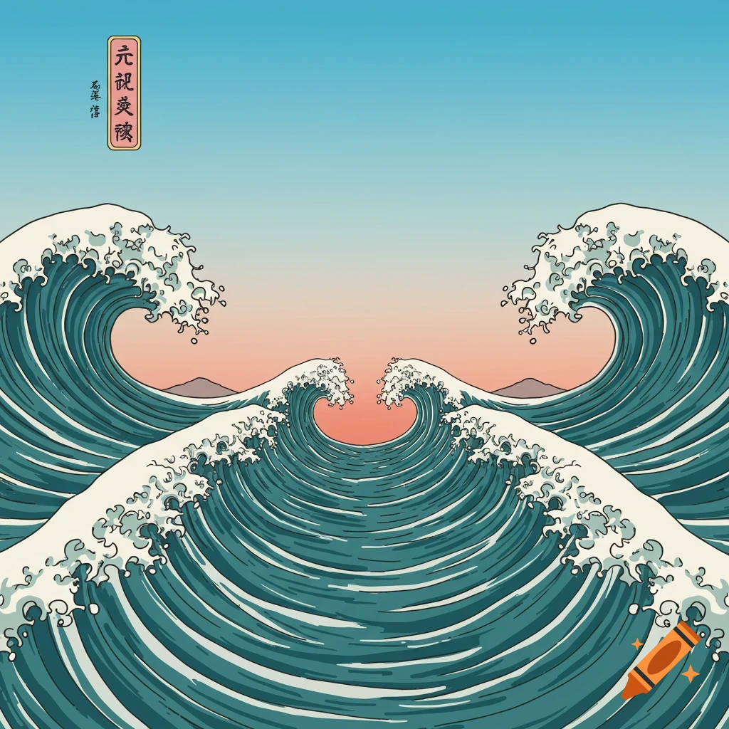 Japanese illustration of large waves splitting apart, with a path of water in the middle, under a gradient sky with text in the upper left.
