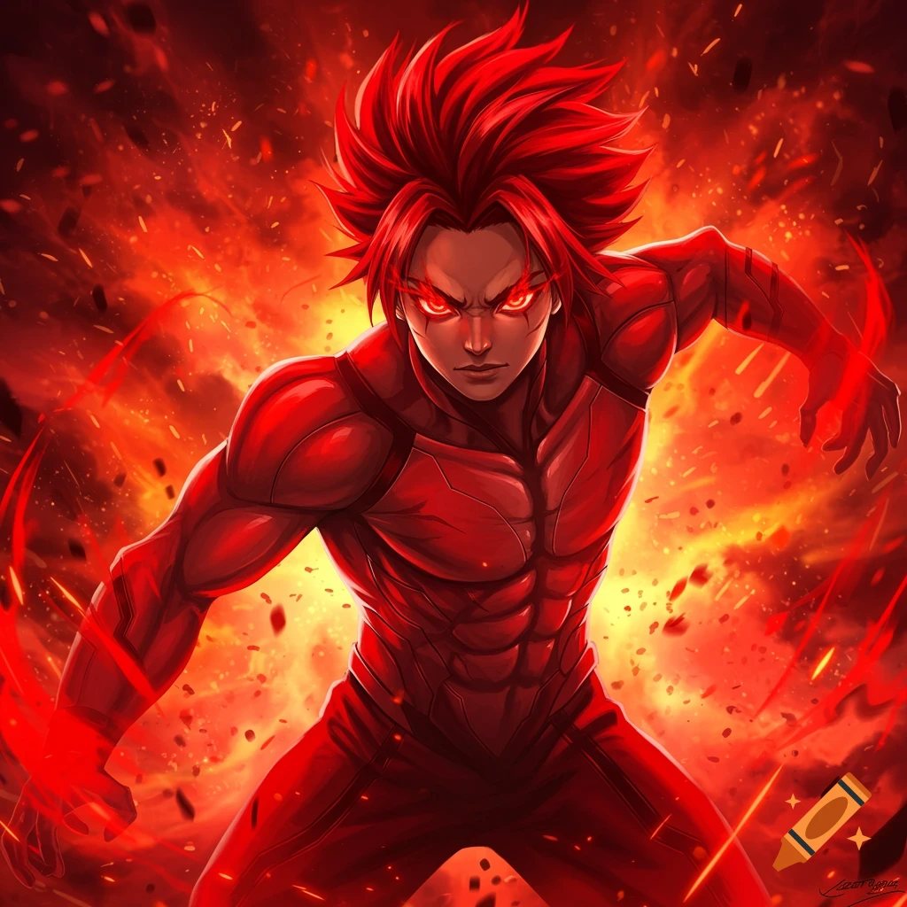 Vibrant anime illustration of a character with red hair and eyes in a red suit, posed dynamically amidst fire and energy.