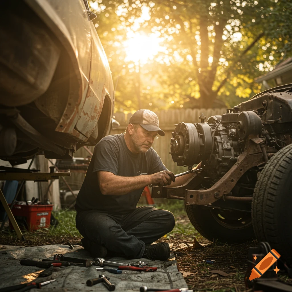 A backyard mechanic works on a car engine in the late afternoon sun.