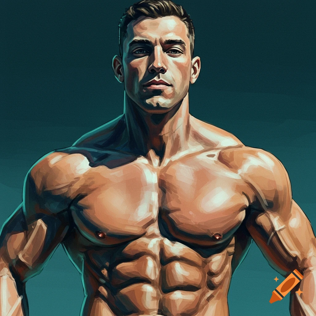 A muscular man's torso and face.