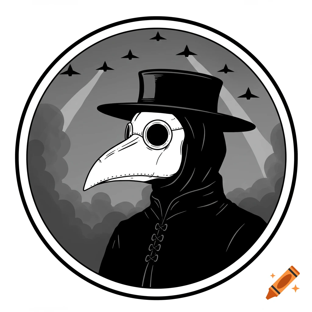 Illustration of a plague doctor in profile within a circle, with triangular aircraft and mist in the background.