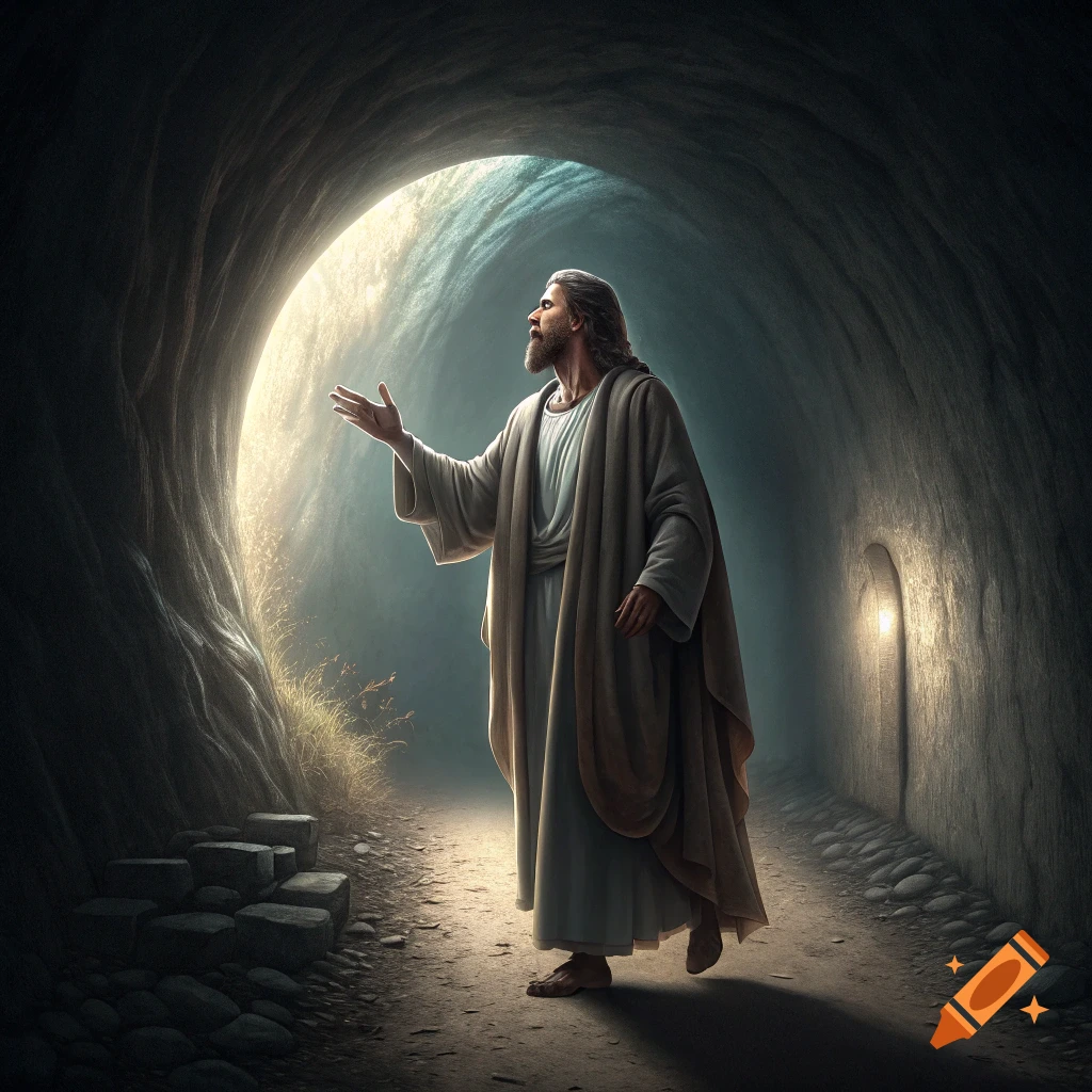 Figure in robe standing at cave entrance bathed in bright light