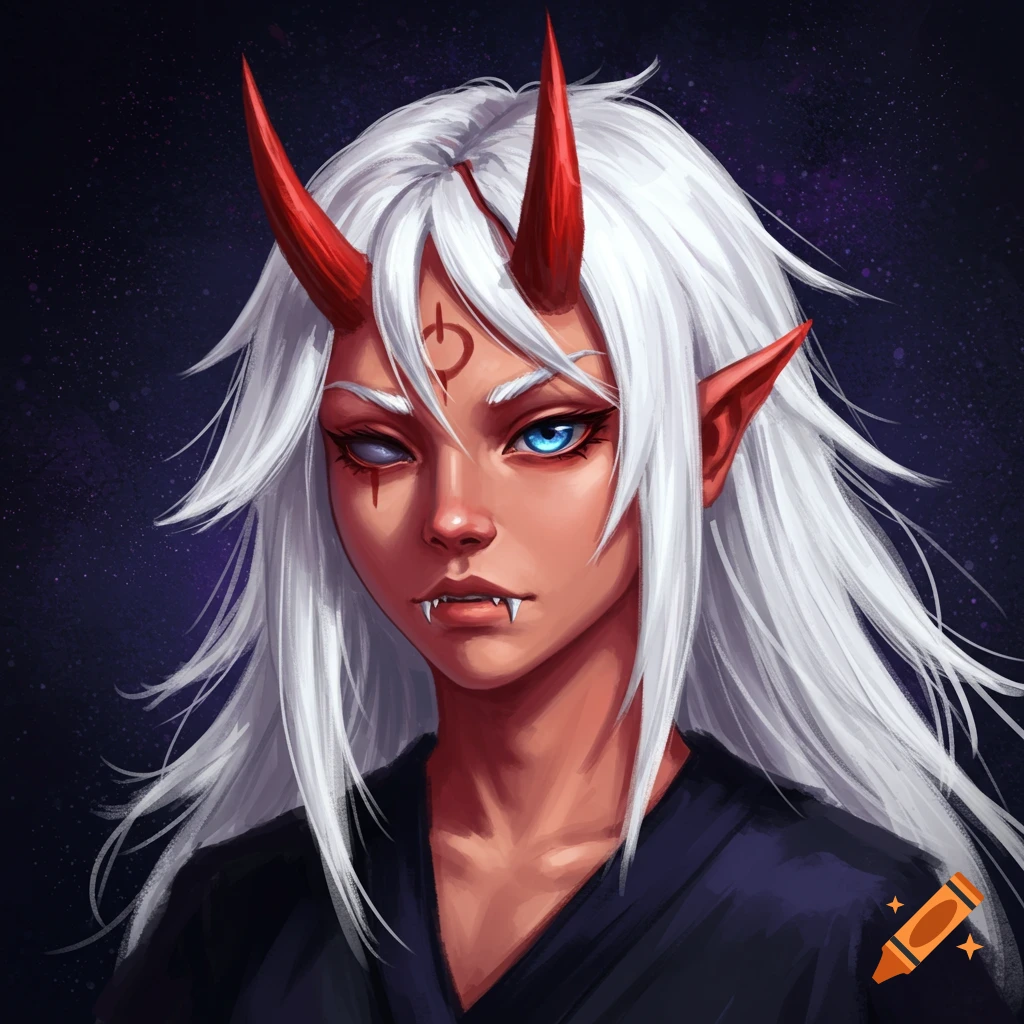 A fantasy character with red horns, white hair, blue eyes, and fangs.