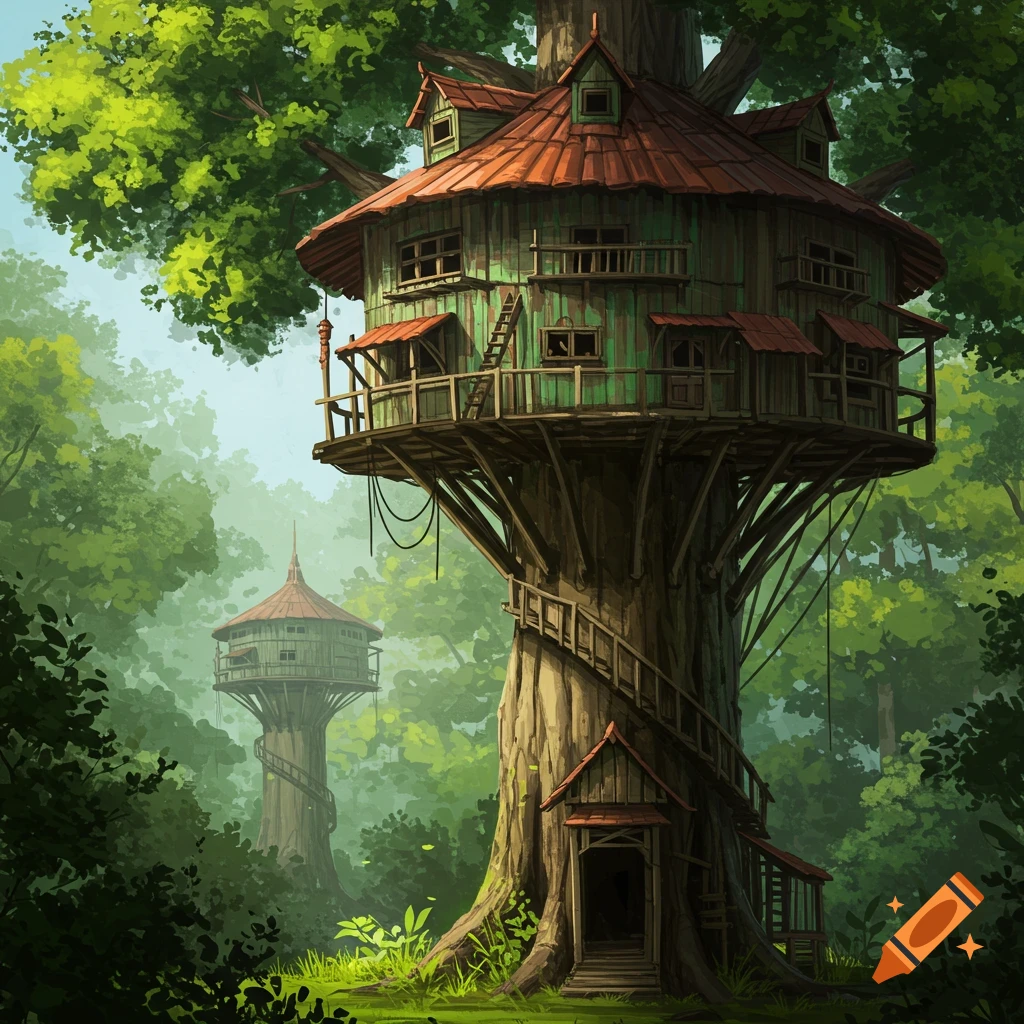 Elaborate treehouse built around a giant tree in a dense forest.