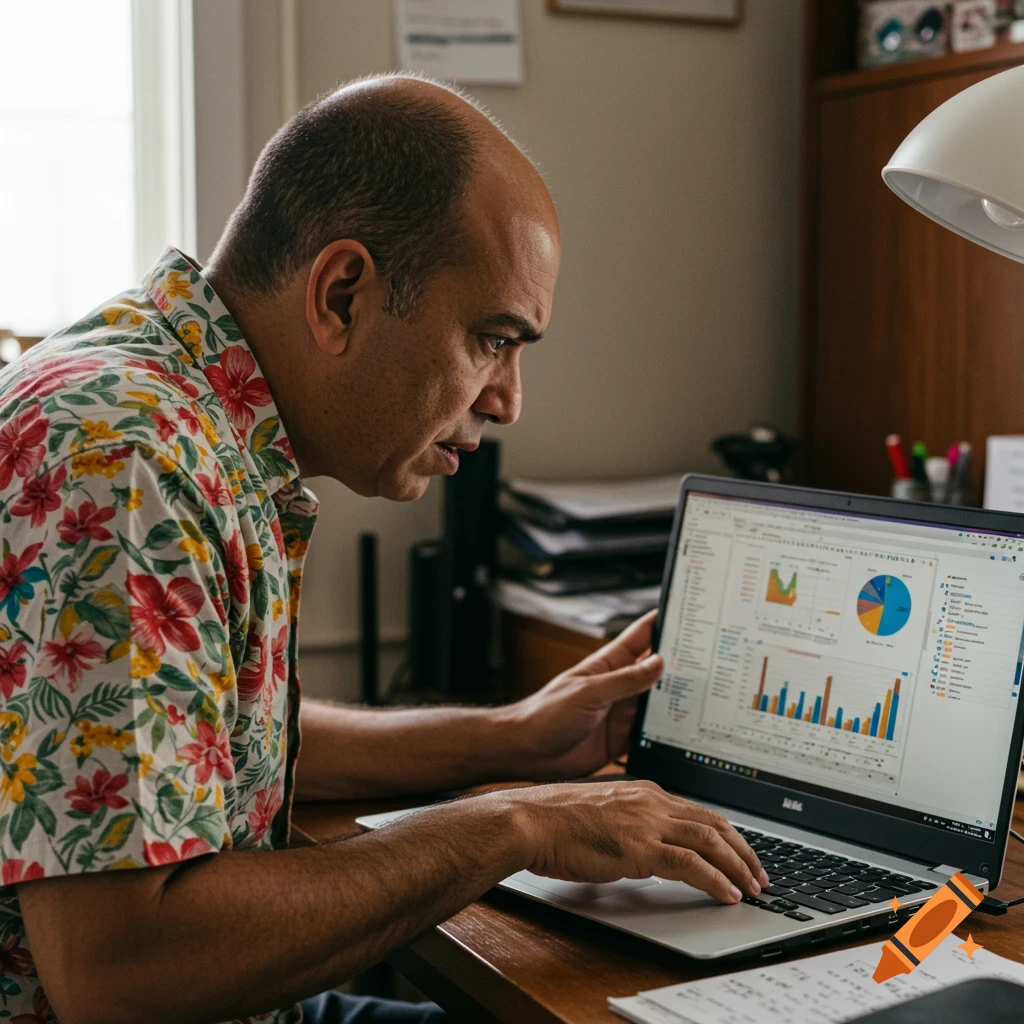 A balding man in a floral shirt looks intently at spreadsheets and charts on a laptop.