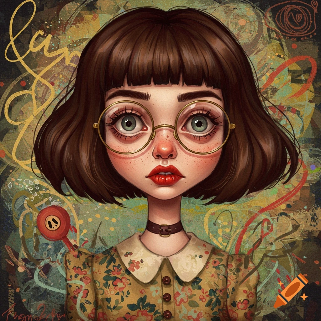 Stylized portrait of a girl with a bob cut, glasses, and floral dress against an abstract background.