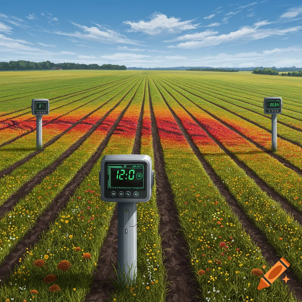 A futuristic field with sensors displaying plant health data in different colored zones.
