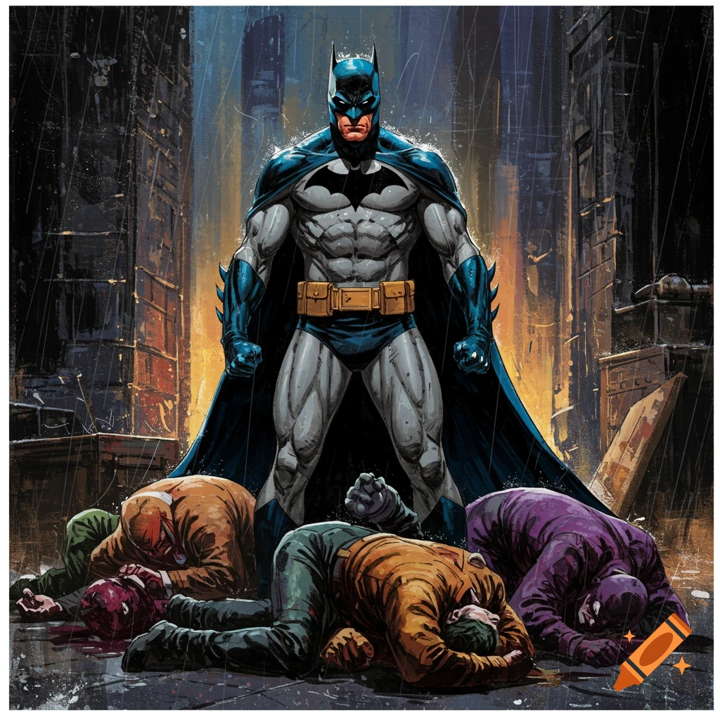 Batman standing over defeated figures in a rainy city street