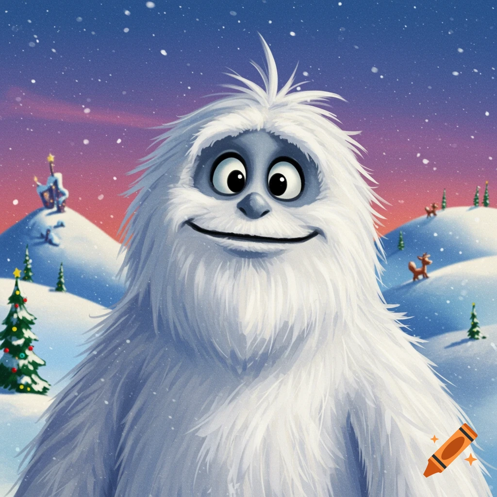 Close-up of a cartoon abominable snowman with white fur smiling in a snowy Christmas scene.