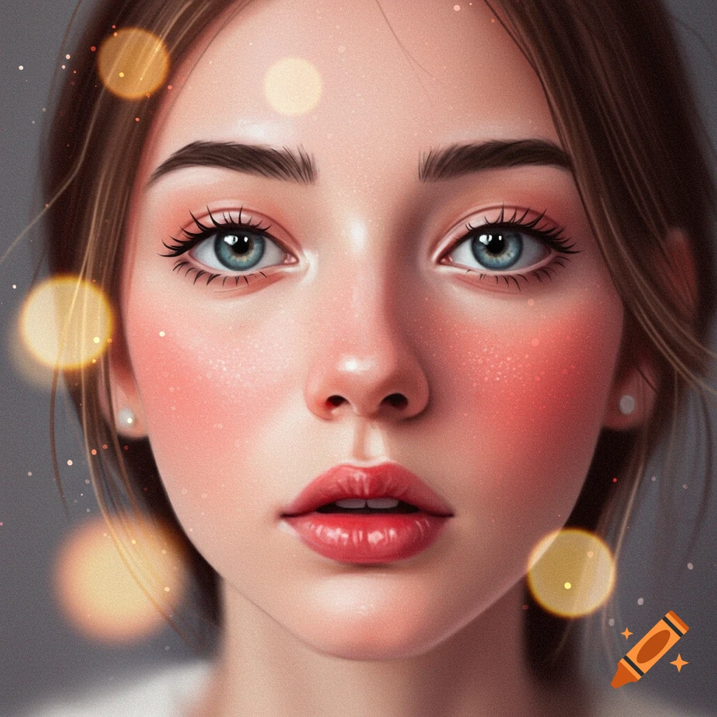 Close-up of a woman's face with flushed cheeks, parted lips, and wide eyes, with bokeh lights.
