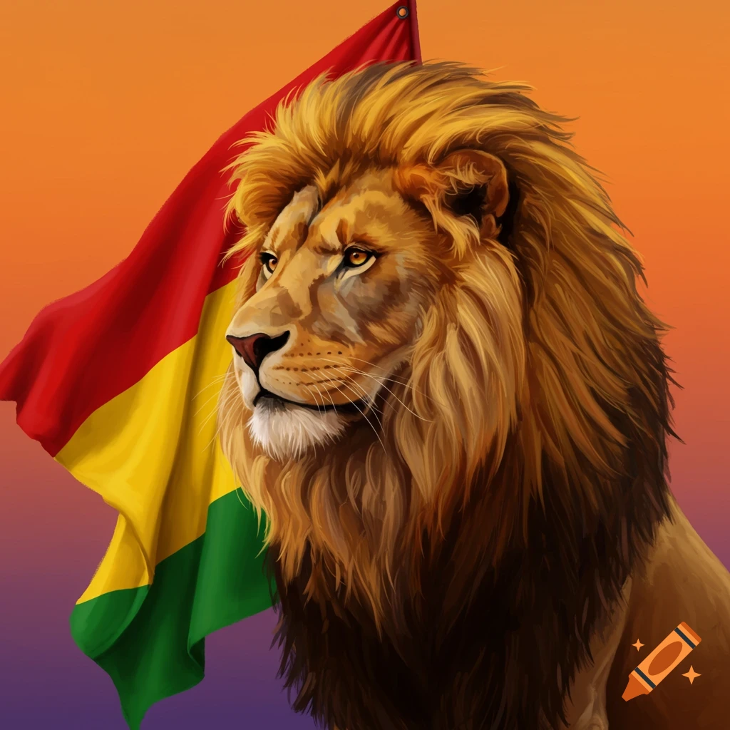 A lion stands next to a red, yellow, and green Rastafarian flag.