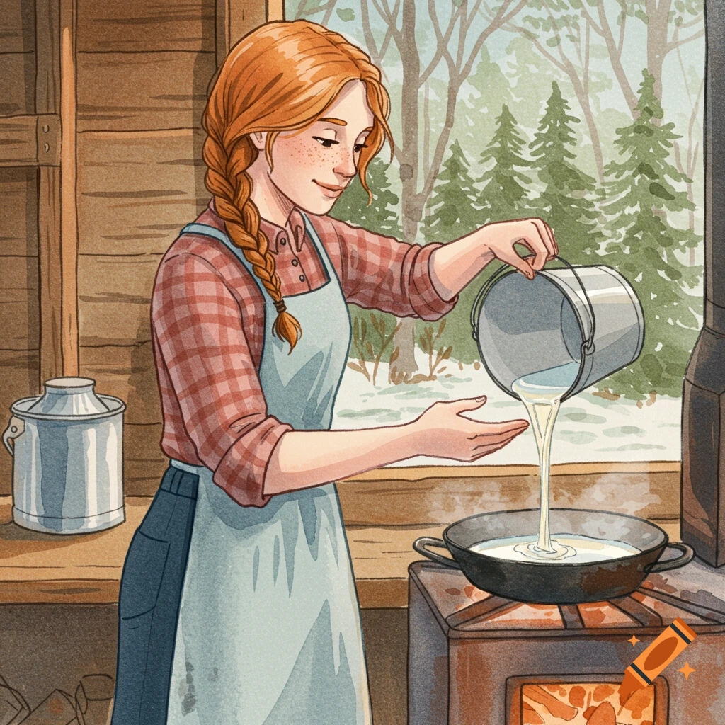 Watercolor illustration of a woman making syrup in a rustic cabin with a winter view.