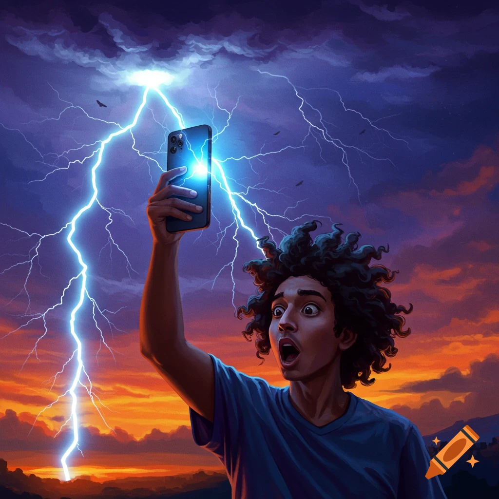 A person holding a phone struck by lightning during a storm at sunset.