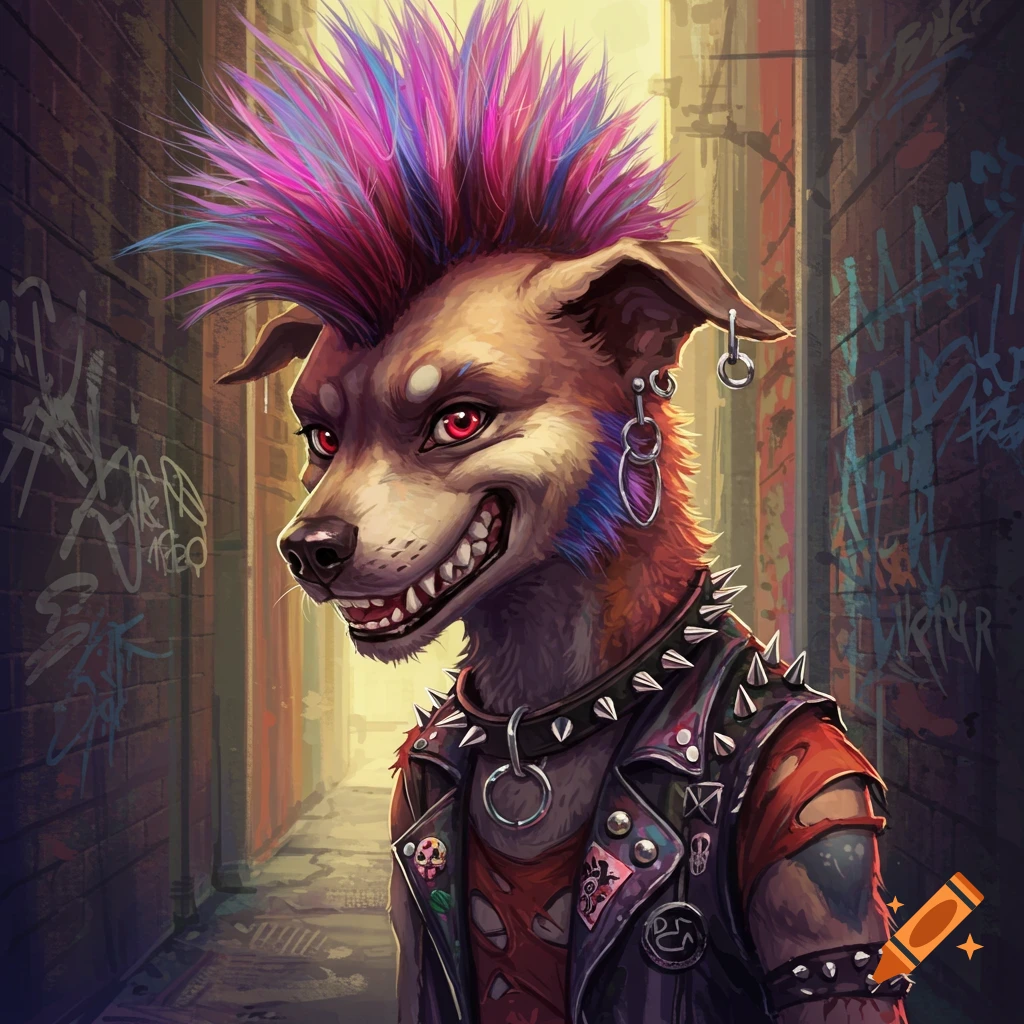 Singing male hyena anthro fursona, wearing rock band clothes