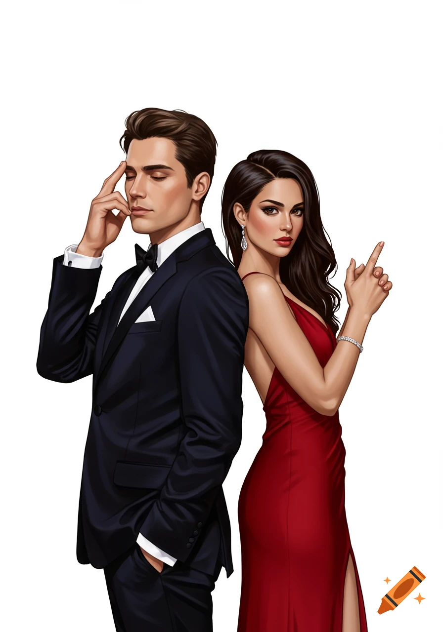 A man in a tuxedo and a woman in a red evening gown stand back to back.