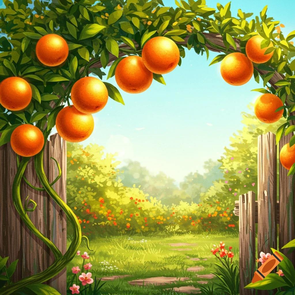 Orange tree branches with fruit arching over a path into a sunny garden.