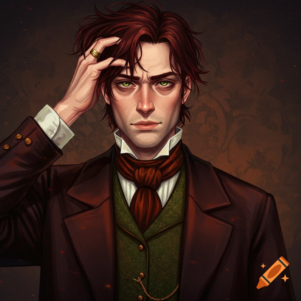 A man in Victorian attire, hand on head