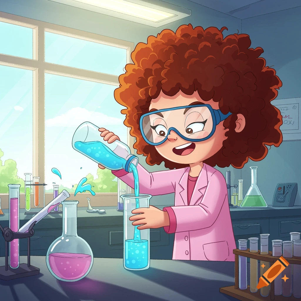 Cartoon illustration of a young girl pouring blue liquid into a beaker in a lab.