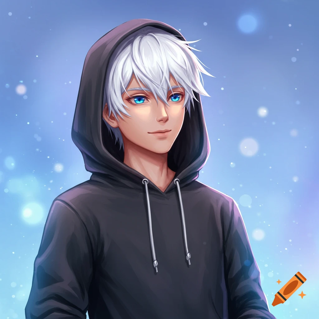 Anime boy with white hair, blue eyes, and a black hoodie against a blue background.
