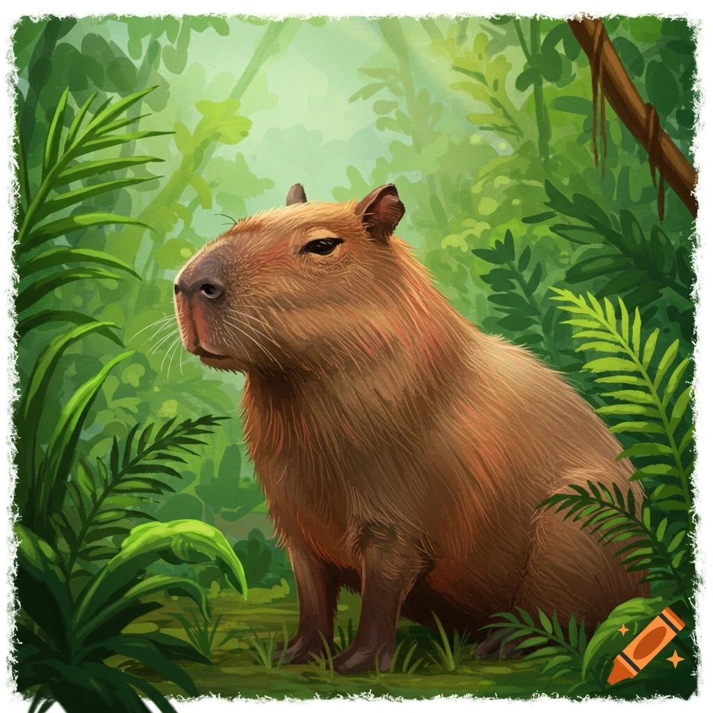A capybara sitting among lush green leaves in a jungle