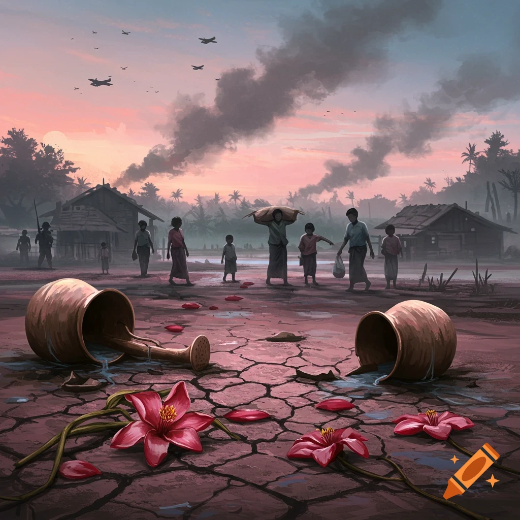 Displaced families walk on cracked earth past destroyed homes, with broken pots, withered flowers, smoke, and planes.