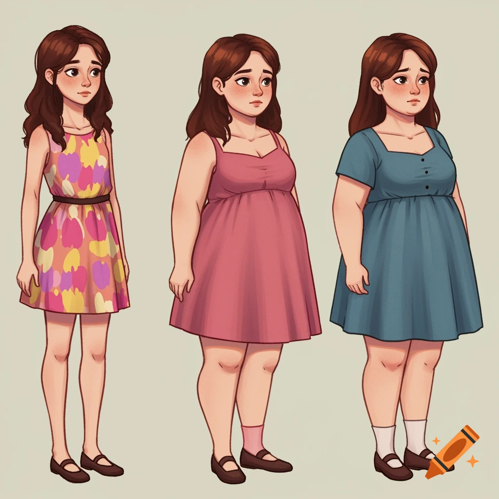 Illustration of a girl shown in three stages of growth and weight gain, wearing different dresses.