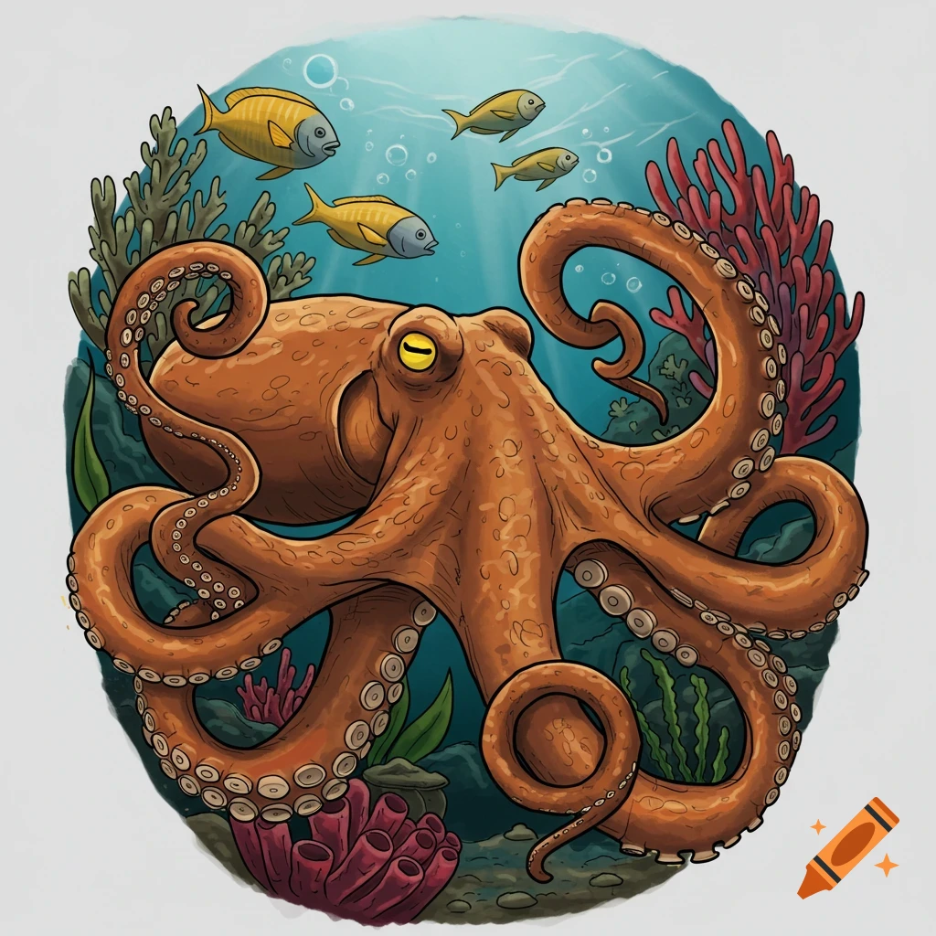 An octopus surrounded by fish and coral.