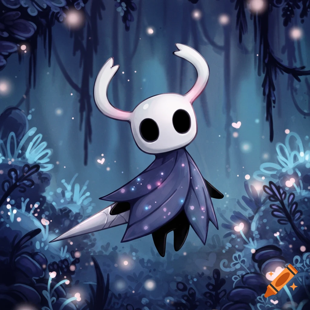 The Hollow Knight character is depicted floating in a dark, glowing forest.
