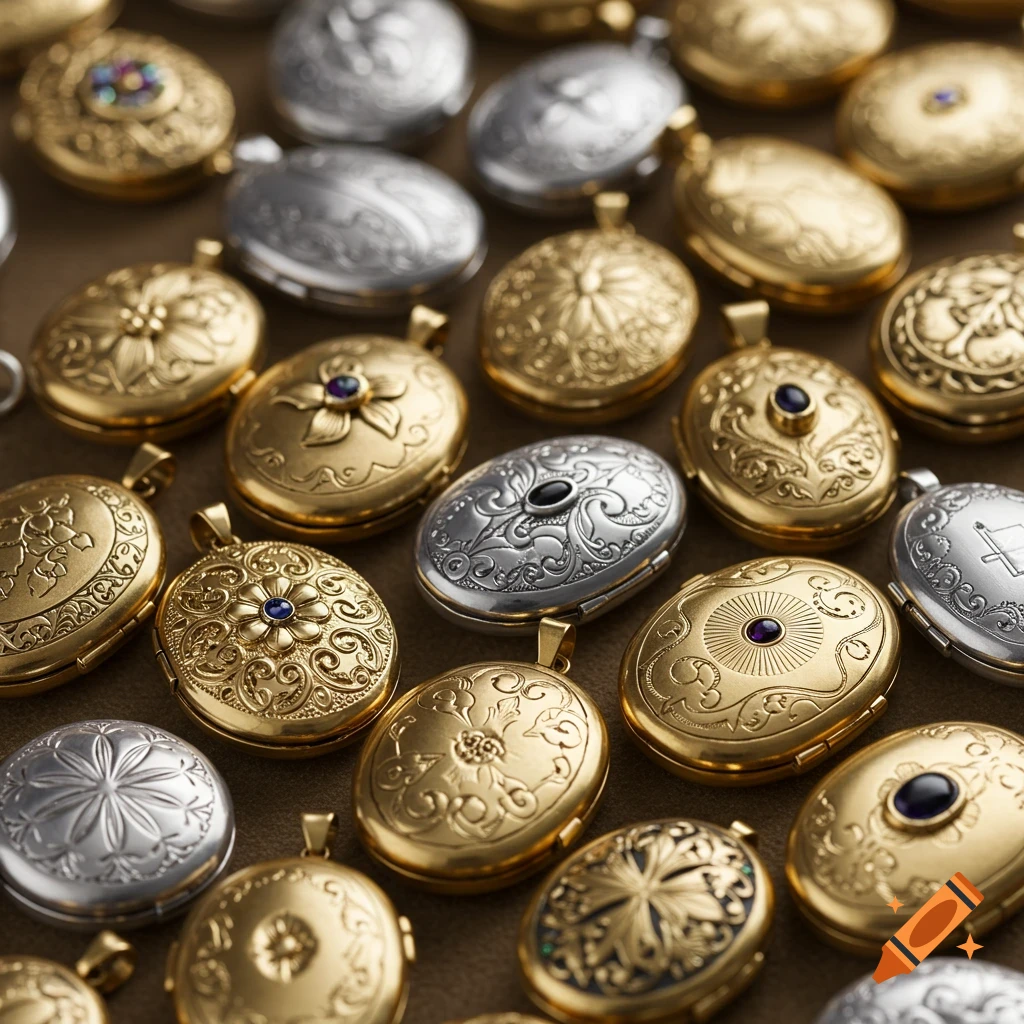 A close-up view of many decorative gold and silver lockets arranged on a surface.