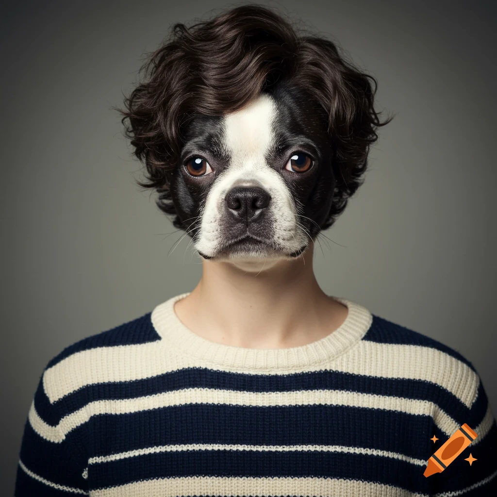 Photorealistic portrait of a Boston Terrier dog's head on a human body wearing a striped sweater.