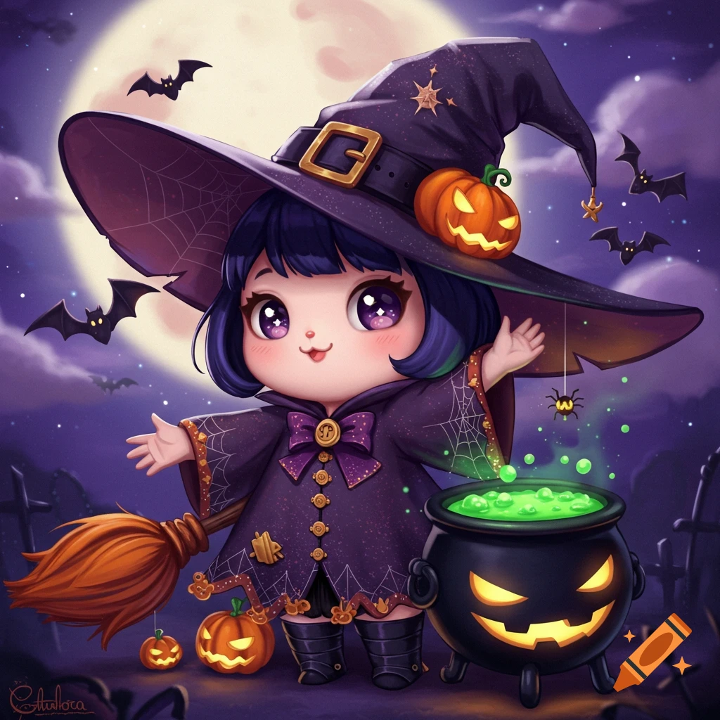 Cute chibi witch girl with a broom and cauldron, surrounded by pumpkins, bats, and a full moon.