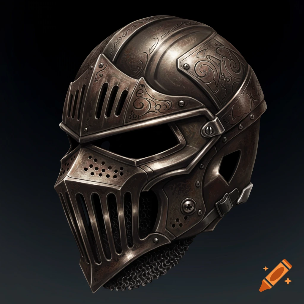 A close-up of a dark, detailed helmet blending football and knight armor styles on a dark background.