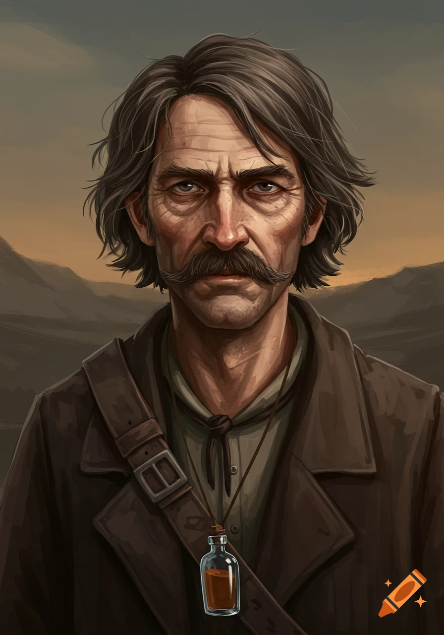 Portrait of a shifty middle-aged man with a mustache, wearing a brown jacket and a bottle necklace, against a mountainous landscape.