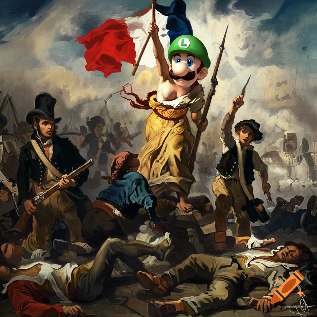 A parody of Liberty Leading the People featuring Luigi from Super Mario Bros leading the crowd.