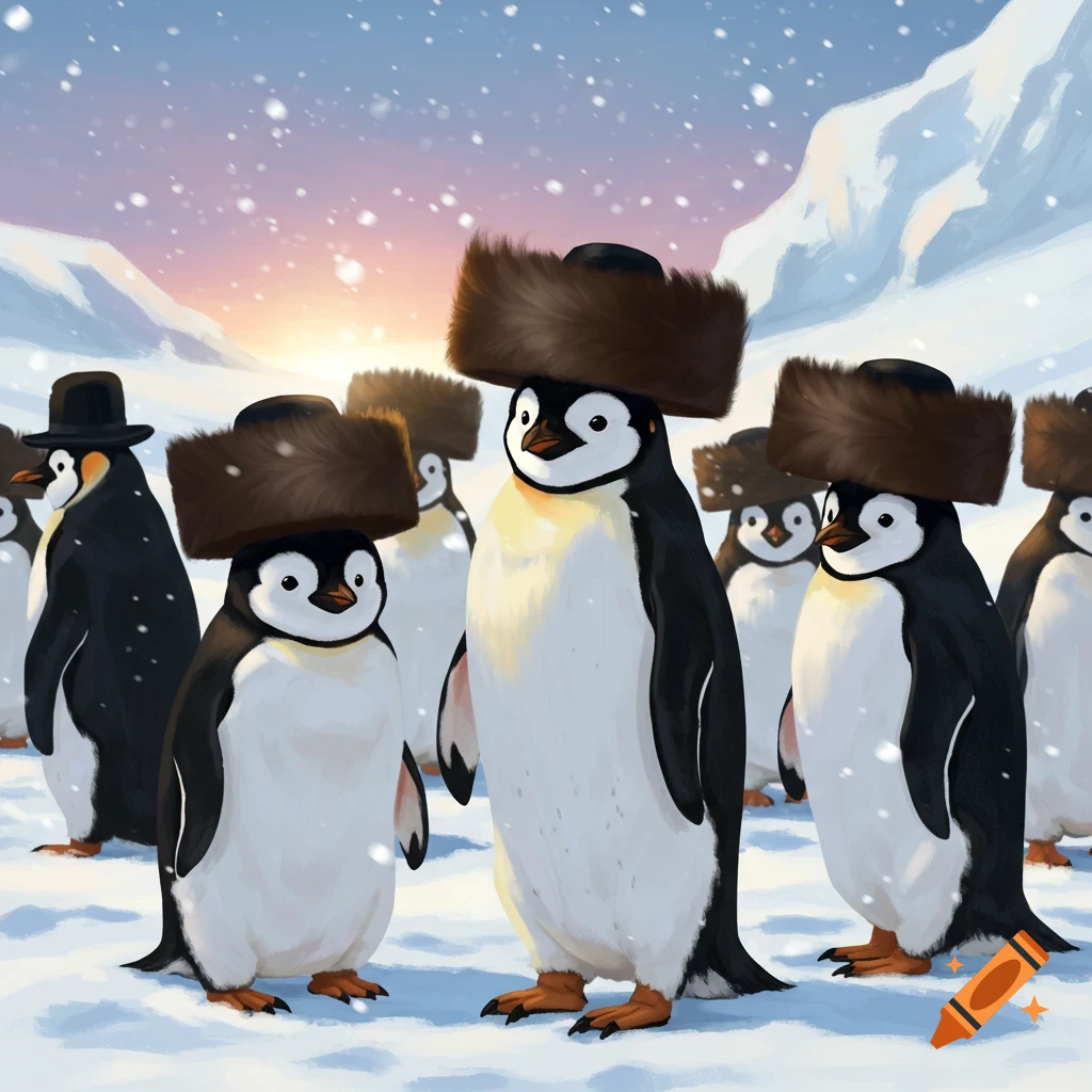 Penguins wearing fur hats and a top hat in a snowy mountain landscape