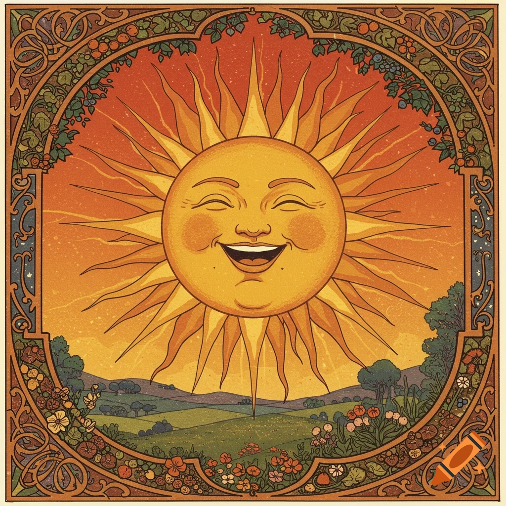 Vintage style illustration of a smiling sun over a landscape, surrounded by an ornate decorative border.