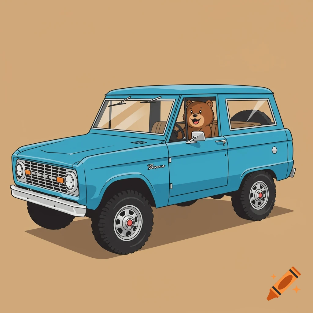 A cartoon bear drives a blue Ford Bronco.