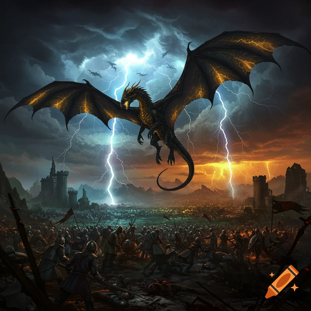 A black dragon with glowing wings flies over a large battlefield with castles during a lightning storm.