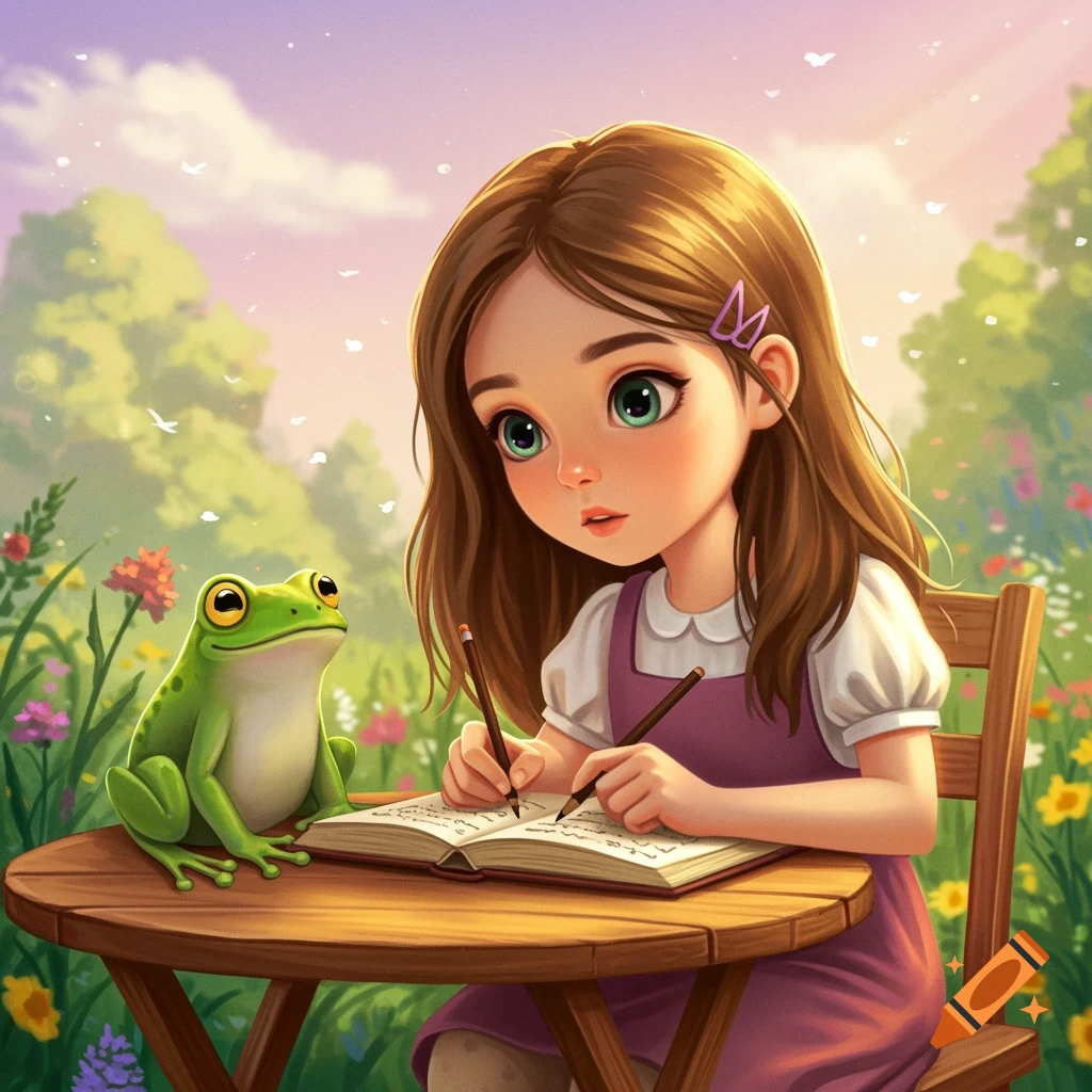 Whimsical image of a girl writing in a book with a frog in a garden